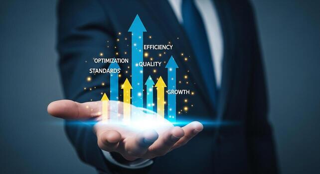 Businessman Presenting Upward Trending Graph Showing Growth, Efficiency, Quality and Optimization in a Modern Business Setting The concept is about achieving business success and exceeding expectation photo