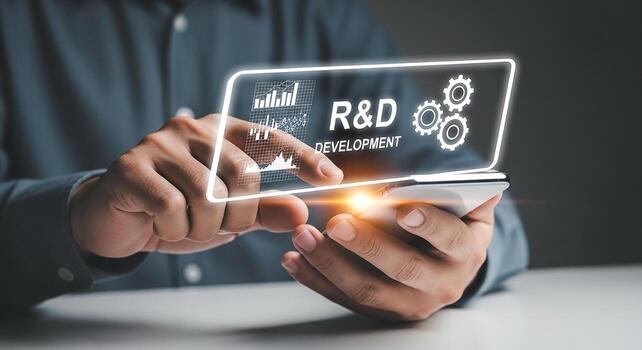 Businessman using smartphone to access RD development data, charts, and graphs, signifying innovation and technological advancement in a modern office setting photo