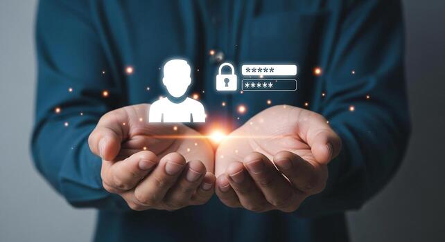 Person Holding Digital Password and User Icon, Secure Data Protection Concept, Cybersecurity and Privacy, Technology and Safety photo