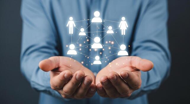Man presenting a network connection concept, a digital team collaboration visualization, in his hands, symbolizing teamwork, communication, and global community photo