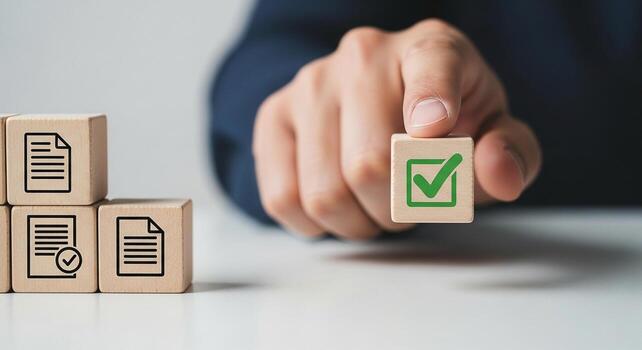 Hand holding wooden cube with check mark, signifying successful task completion, on office desk with document blocks, representing project management and workflow efficiency photo