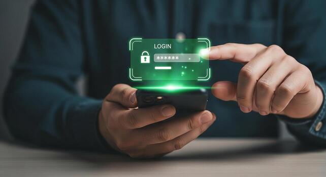 Person using a smartphone to securely login to an account, with a futuristic green interface appearing above the device, representing digital security and online privacy photo