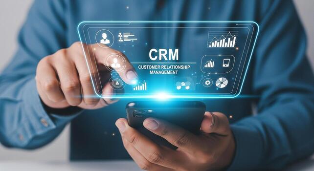Businessman using smartphone to access CRM software, managing customer relationships with innovative technology interface Streamlined workflow, digital transformation, and data-driven decisions concep photo