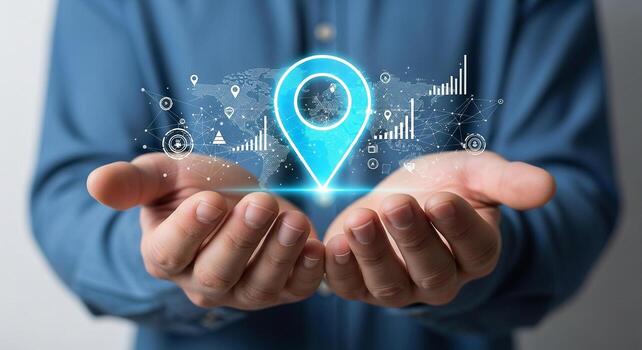 Man Presenting a Futuristic Global Positioning System Interface with Data Analytics in His Hands photo