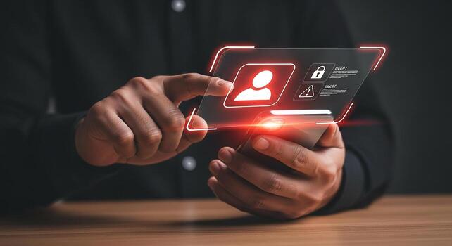 Person using a smartphone to access a digital security interface with a profile, lock, and alert icons, signifying online privacy and data protection at a desk photo