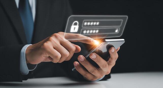 empresario utilizando teléfono inteligente para seguro en línea bancario acceso, entrando contraseña y nombre de usuario en móvil dispositivo, la seguridad cibernética y datos proteccion concepto foto