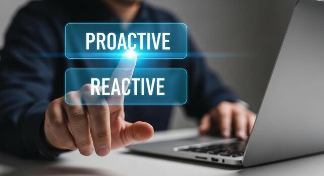 Man Making Proactive Choice on Laptop, Selecting Proactive over Reactive, Modern Office Setting, Business Decision Concept photo