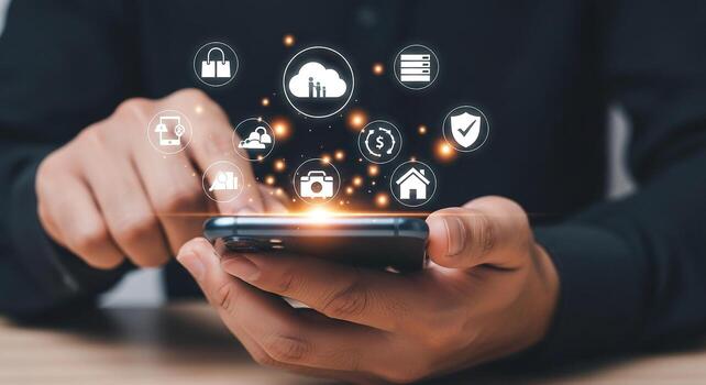Person using smartphone to access digital services, showcasing cloud computing, online shopping, home automation, and security features, all within a modern technological setting The image evokes feel photo