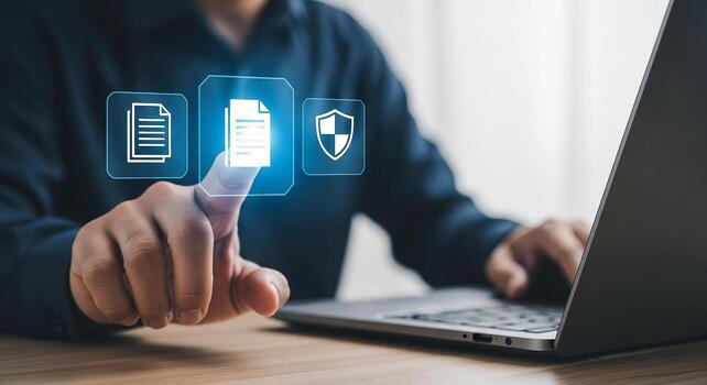 Man Accessing Secure Digital Documents on Laptop, Working in Modern Office, Concept of Data Protection and Privacy photo