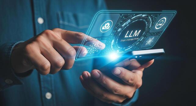 Person using smartphone to access LLM Large Language Model interface, exploring AI and future technology concepts in a dark setting Futuristic digital display shows potential of artificial intelligenc photo