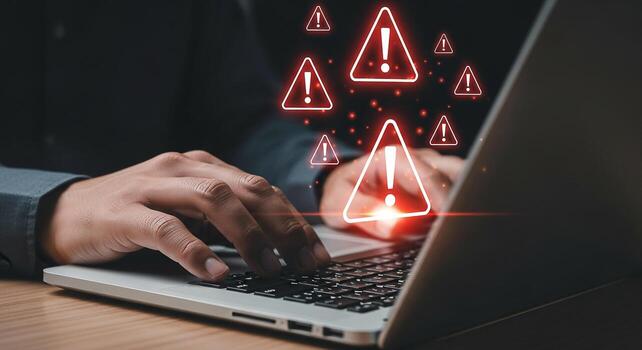 Person working on laptop computer with warning signs appearing, troubleshooting a problem, late night, urgent, problem solving, alert, notification, digital, technology, online, internet, security, ri photo