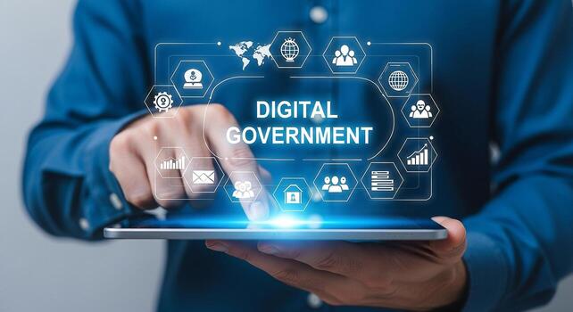 Person using a tablet computer to access and interact with a digital government interface, showcasing icons representing various government services and online citizen engagement The image conveys the photo