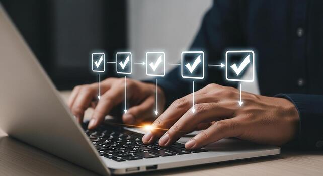Person working diligently on laptop, completing tasks in a modern office, achieving goals and success The glowing checkmarks represent process completion, efficiency, and workflow optimization photo