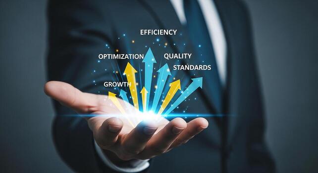 Businessman Presenting Growth, Optimization, Quality, and Efficiency in a Modern Office Setting The upward-pointing arrows symbolize progress, success, and achieving business goals photo