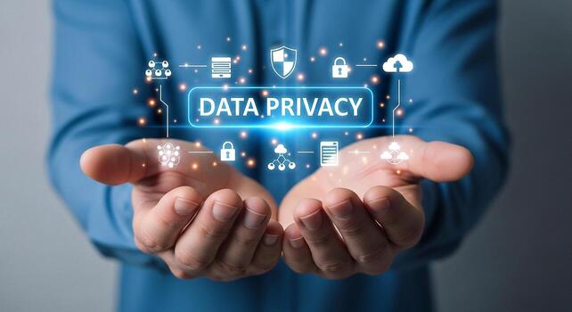 Man Presenting Data Privacy Concept with Futuristic Interface and Network Icons photo