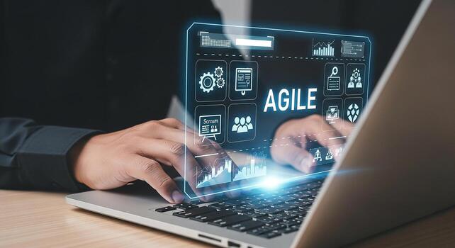 persona utilizando ordenador portátil computadora a gestionar ágil proyecto, visualizante flujo de trabajo y Progreso con digital interfaz en moderno oficina concepto de innovador negocio tecnología y eficiente trabajo en equipo foto