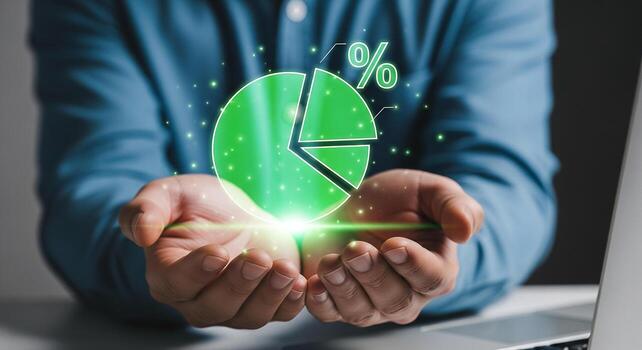 Businessman Presenting a Green Pie Chart Hologram, symbolizing growth and financial success in a modern office setting The image conveys concepts of data analysis, strategic planning, and innovative t photo