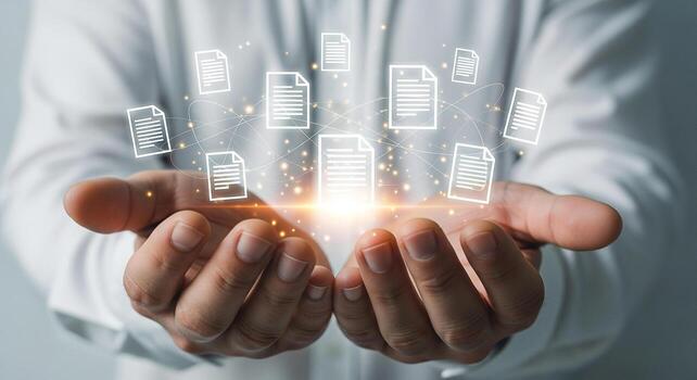 Man showcasing network of digital documents, innovative technology, future of data management, concept of connectivity and information flow photo