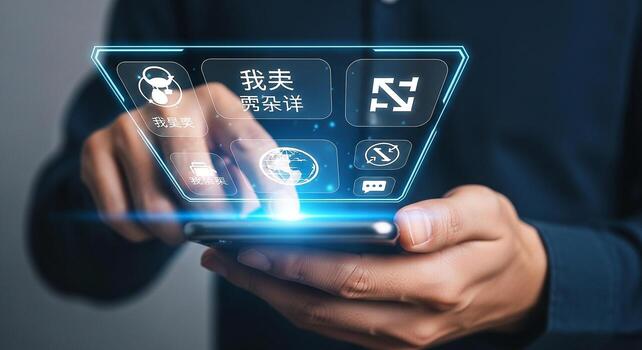 Person using a smartphone to access a futuristic digital interface filled with various interactive icons and options, representing innovation and technological advancement in a modern setting photo