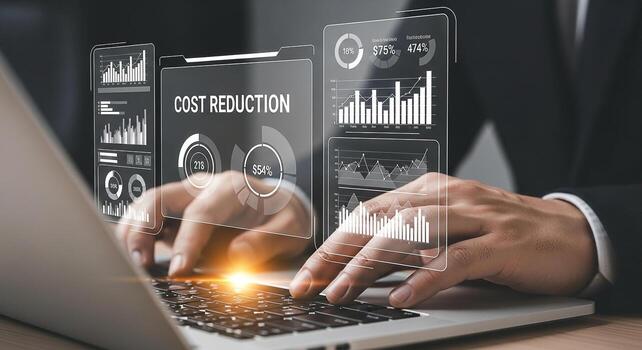 Businessman analyzing cost reduction strategies using a laptop with holographic financial charts and graphs in a modern office setting The image depicts a serious and focused professional working dili photo