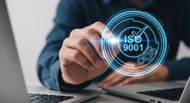 Businessman Implementing ISO 9001 Quality Management System using a Laptop in Modern Office Setting, Achieving Business Excellence and Efficiency photo