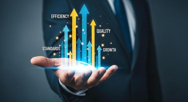 Businessperson Presenting Upward Trending Graph Showing Growth, Quality, Efficiency and Standards in a Dark Modern Setting The image symbolizes progress, success, and achievement in business and techn photo