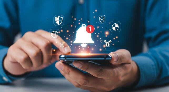 Person using smartphone receives notification alert with security and global network icons Digital security, global connectivity, and online alert concept photo