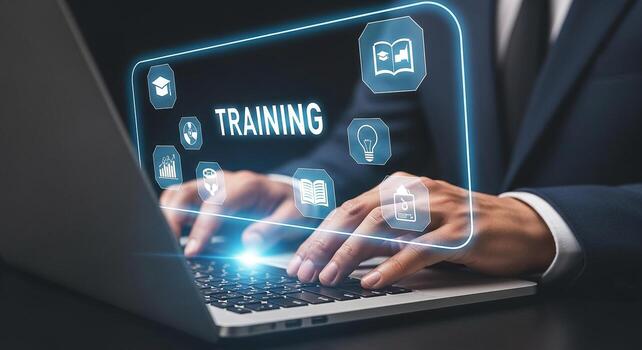 Businessperson using laptop computer for online training, accessing e-learning resources and professional development courses in a modern office, symbolizing growth and continuous learning photo