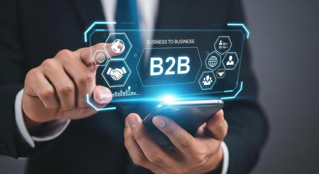 Businessperson using smartphone to access and manage B2B business data and analytics, showcasing a futuristic interface with networking and partnership icons, symbolizing modern technology and collabo photo
