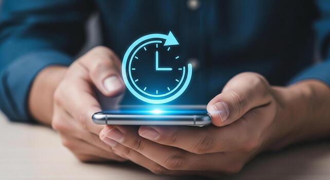 Person using smartphone app to manage time efficiently, concept of time management, productivity, and scheduling in modern life photo