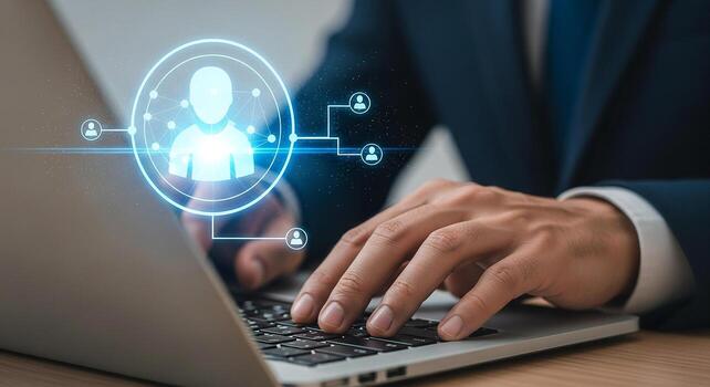 Businessman Networking Online Connecting with People Digitally Using Laptop, Modern Office Setting, Concept of Global Communication and Collaboration photo