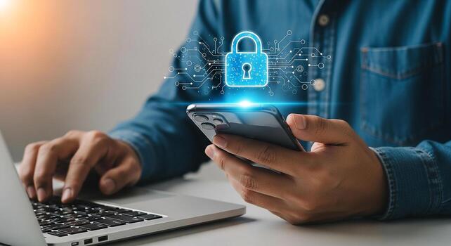 Person secures digital information using smartphone and laptop, working at a desk in a modern office, representing online security and data protection photo