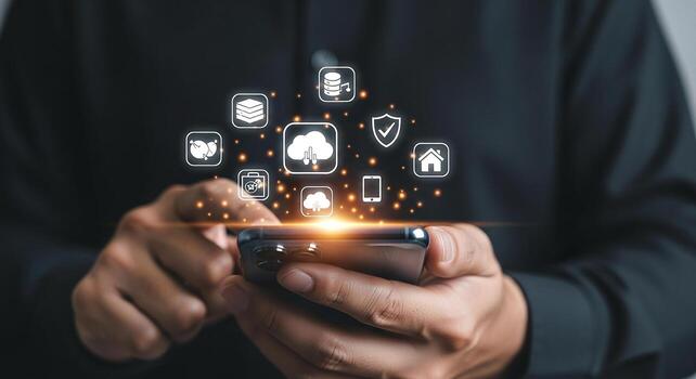 Person using smartphone to access cloud computing services, showcasing data storage, security, and home automation apps futuristic technology concept photo