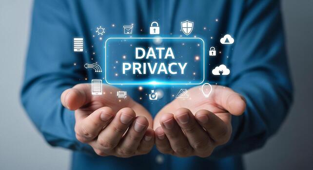 Man Presenting Data Privacy Concept with Futuristic Interface and Security Icons photo