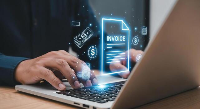 Person working diligently on a laptop computer, processing an invoice with digital currency and financial icons The concept of modern finance and online billing in a professional office setting photo