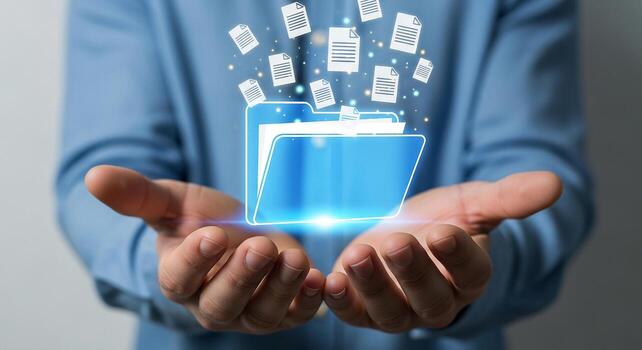 Man Presenting a Digital Document Folder with Files in his Hands, Concept of Data Management and Cloud Storage, Futuristic Technology, Bright and Clean Studio Setting photo