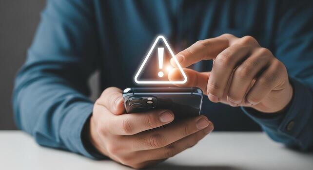 Person using smartphone receives digital alert notification, urgent warning message on mobile phone screen, problem or error concept, indoor setting photo
