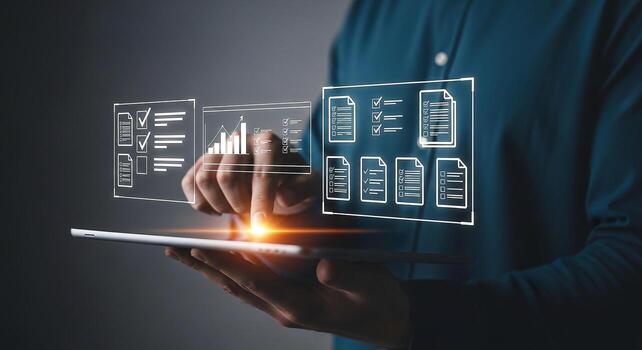 Person using digital tablet, reviewing checklist, analyzing data charts, and managing tasks efficiently in a modern office setting The image conveys productivity, organization, and digital workflow photo