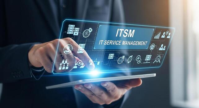 Businessman using digital tablet, interacting with IT Service Management ITSM interface, showcasing modern technology and efficient workflow in a professional office setting photo