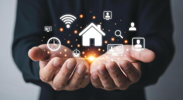 Man presenting smart home technology concept with digital icons of house, wifi, clock, and user profiles, symbolizing modern home automation and connectivity photo