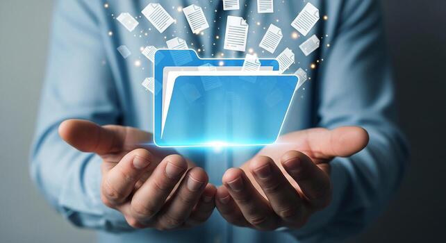 Man Holding a Digital Folder with Documents Floating Above in a Modern Business Setting, Symbolizing Data Management and Cloud Storage photo