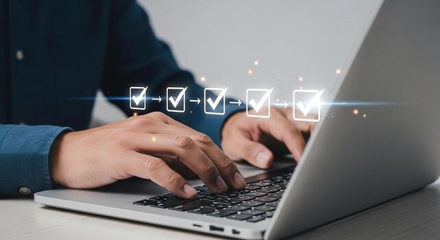 hombre trabajando en ordenador portátil computadora, completando Tareas y lograr metas en moderno oficina, concepto de éxito y flujo de trabajo eficiencia foto