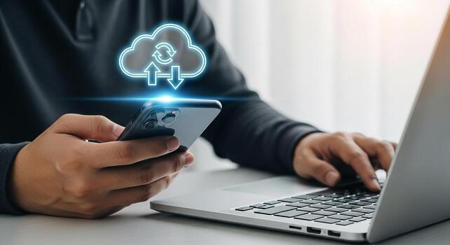 Person using smartphone and laptop computer to access cloud data, showcasing seamless data transfer and synchronization in a modern workspace, symbolizing connectivity, efficiency, and technological a photo