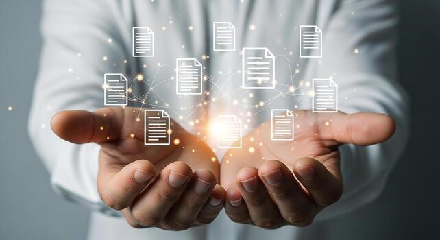 Person presenting network of digital documents, showcasing online data management and collaboration, symbolizing connectivity and information sharing in a modern workspace photo
