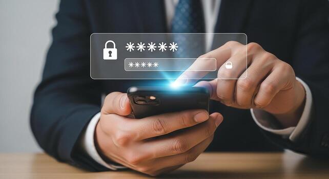 Businessman using smartphone to securely access online account, entering password on mobile device in modern office, demonstrating secure online banking and digital privacy photo