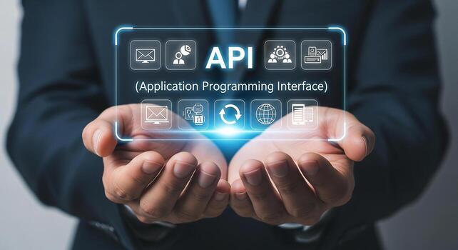 Businessman Presenting API Application Programming Interface in a Futuristic Digital Setting, Concept of Innovation and Technology photo