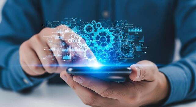 Man using smartphone, digital gears and data network interface, futuristic technology concept photo