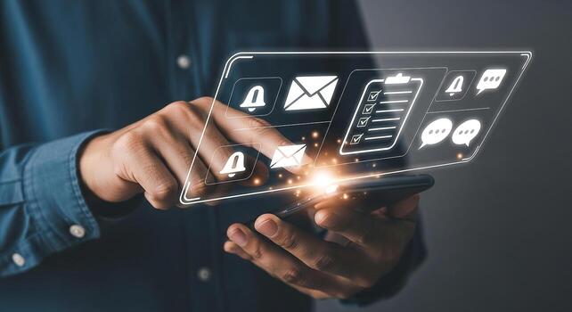 Man using smartphone, accessing digital interface showing notifications, emails, checklist and messages modern communication and technology concept photo