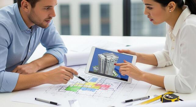 Architects reviewing building plans and 3D model on tablet in modern office, collaborating on a new development project photo