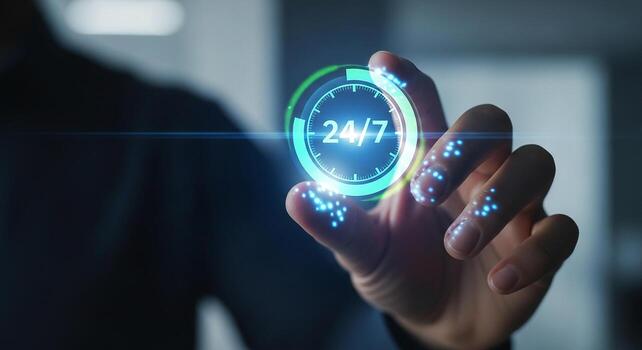 Hand interacting with a futuristic 247 digital clock interface, symbolizing global connectivity and constant availability in a modern technological setting photo